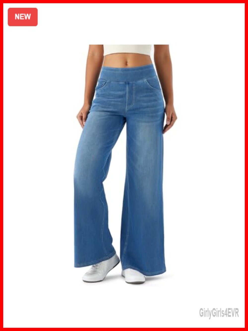 High Waisted Wide Leg Stretchy Pull On Elastic Waist Jeans